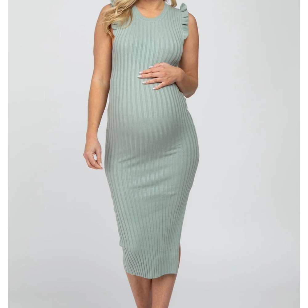 Mint Green Ribbed Flutter Accent Maternity Midi Dress